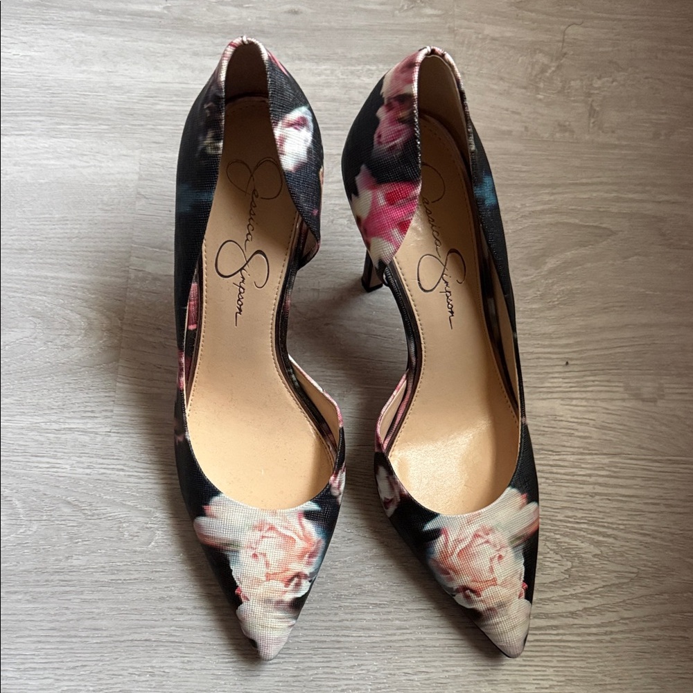Jessica Simpson Black Floral Pointed-Toe Heels with Pink Roses